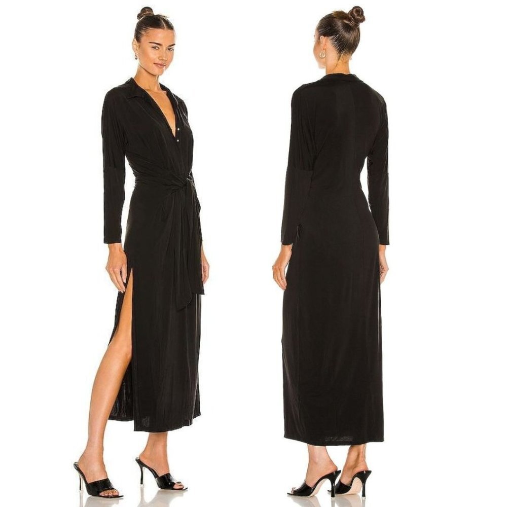 NEW YFB CLOTHING Kamalla Maxi Dress Black‎ Long Sleeve V-Neck Side Slit Evening